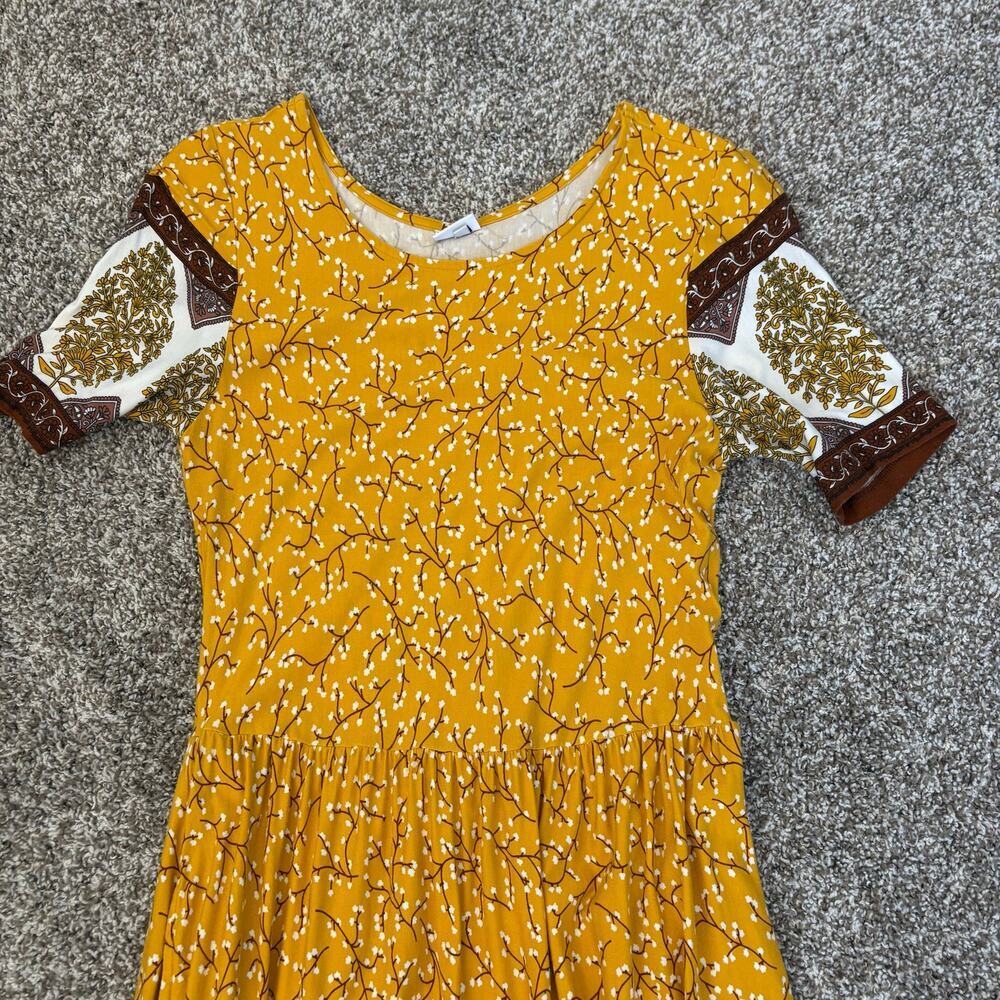Loscana Mustard Yellow Floral Border Print Maxi Dress Short Sleeve S Cottagecore - Picture 3 of 9